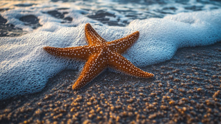 A close-up of a starfish lying on wet sand as the sea gently washes over it, creating a peaceful moment.の素材