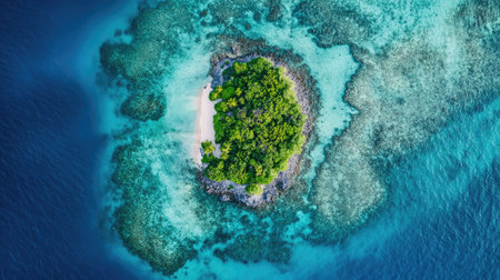 A top view of a small island surrounded by turquoise sea water, with coral reefs visible beneath the surface.の素材