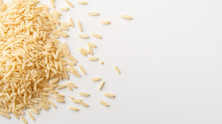 Top view of uncooked basmati rice grains scattered on a white backgroundの素材
