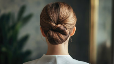 A back view of a high bun with sleek, pulled-back hair, creating a chic and elegant look for formal occasions.の素材