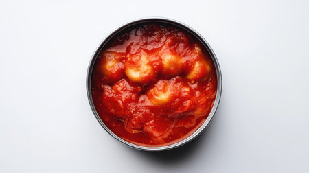 A top view of a can of ravioli in tomato sauce, neatly packed insideの素材