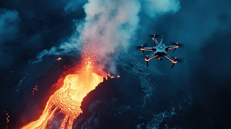 Drone capturing aerial images of a volcanic eruption, showcasing the power of nature and scientific observationの素材