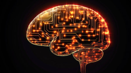 Vector illustration of a stylized human brain with digital circuits, representing creativity and technologyの素材