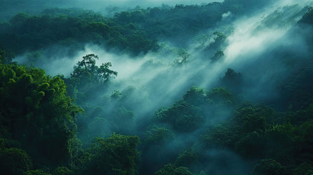 Fog rolling over a dense forest, creating a mystical atmosphere that highlights the power of natureの素材