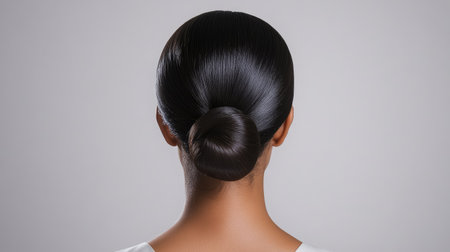 A back view of a high bun with sleek, pulled-back hair, creating a chic and elegant look for formal occasions.の素材
