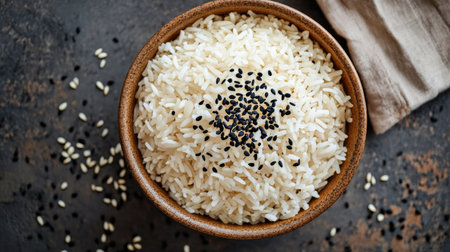Top view of a bowl of basmati rice with a sprinkle of black sesame seedsの素材