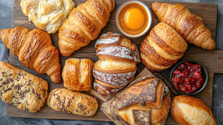 A top view of a variety of breakfast breads, including croissants and baguettes, on a wooden serving board.の素材