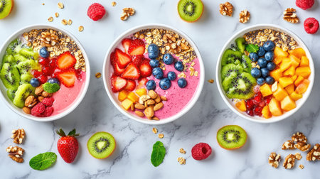 Colorful smoothie bowls topped with fresh fruits, nuts, and seeds on a marble background, top viewの素材