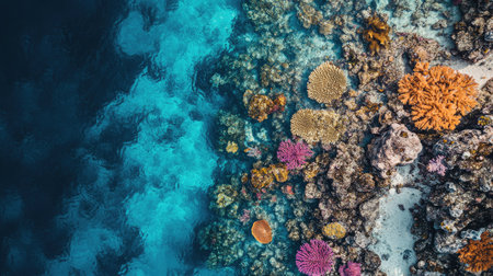 A top view of a coral reef just below the surface of crystal-clear sea water, teeming with marine life.の素材
