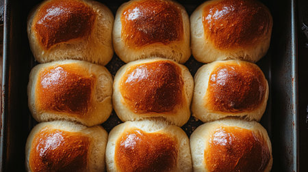 A close-up top view of homemade bread rolls on a baking tray, fresh out of the oven with golden crusts.の素材