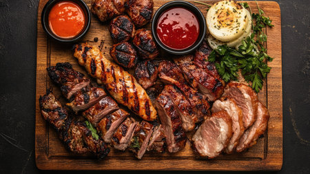 A top view of assorted grilled meats on a wooden cutting board, with herbs and sauces aroundの素材