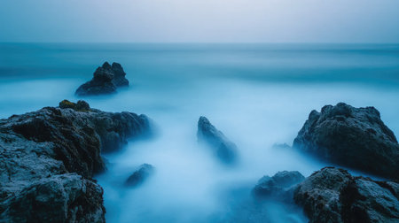 Long exposure shot of blue ocean waves creating a soft, misty effect as they break on the rocksの素材