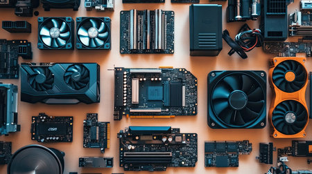 A flat lay of computer parts, including a graphics card, RAM, and power supply, arranged on a clean surface.の素材