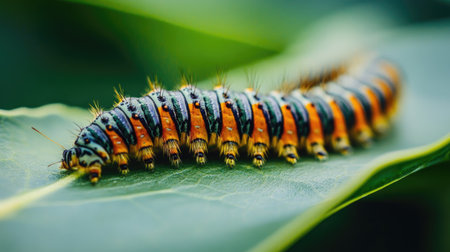Close-up of a caterpillar on a leaf, representing the stages of life and the importance of protecting all speciesの素材