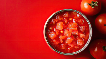 Open can of diced tomatoes in juice, vibrant red and evenly choppedの素材