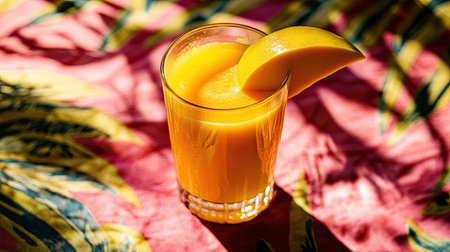 A glass of fresh mango juice with a slice of mango on the rim, placed on a vibrant, tropical tablecloth.の素材