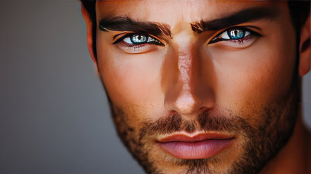 Handsome man's face with chiseled features, light stubble, and a calm, composed expressionの素材