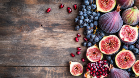 Fresh figs, grapes, and pomegranates on a rustic wooden background, top viewの素材