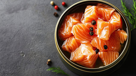 Canned salmon, flakes of fish in oil or water, viewed from the topの素材