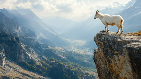 A solitary mountain goat standing on a rocky cliff, looking out over a vast mountainous landscapeの素材