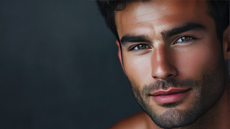 Handsome man's face with a strong jawline, clear skin, and a relaxed, confident expressionの素材