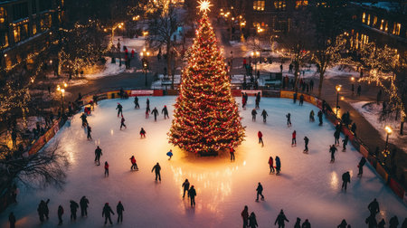 A decorated Christmas tree in a public square, with people ice skating around it in the eveningの素材