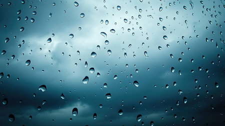 Rain drops on a glass surface, with a view of a cloudy sky in the backgroundの素材