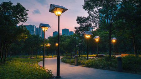 Solar-powered streetlights in a city park at dusk, demonstrating sustainable urban livingの素材