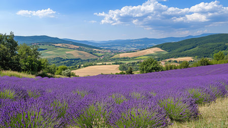 Rolling hills covered in vibrant purple lavender fields under a bright summer skyの素材