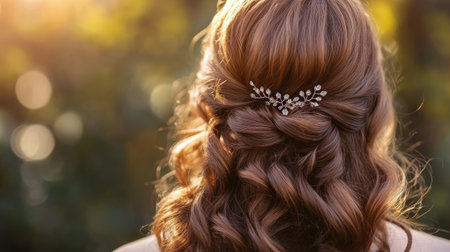 A close-up of a woman hair in a half-up, half-down style, with soft curls and a decorative clip securing the top section.の素材