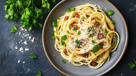 A plate of spaghetti carbonara with parmesan and fresh parsley, top viewの素材