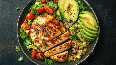 Grilled chicken breast with quinoa salad and avocado slices on a plate, top viewの素材