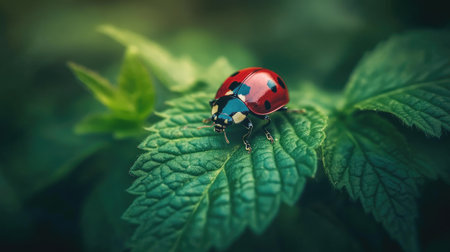 Close-up of a ladybug on a green leaf, highlighting the small creatures that contribute to a healthy environmentの素材