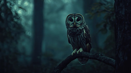 A solitary owl perched on a branch in a dark, misty forest, its large eyes glowing in the dim lightの素材
