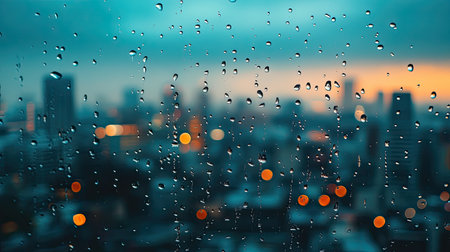 A close-up of water drops on a windowpane, with a blurred cityscape in the backgroundの素材