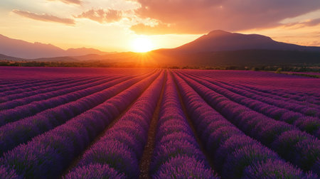 Endless rows of blooming lavender fields under a golden sunset, with mountains in the distanceの素材