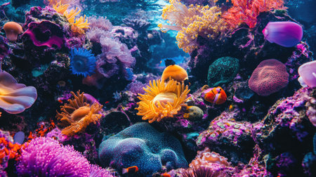 Close-up of coral reefs teeming with colorful marine life, underscoring the need for ocean conservationの素材