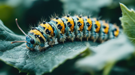 Close-up of a caterpillar on a leaf, representing the stages of life and the importance of protecting all speciesの素材