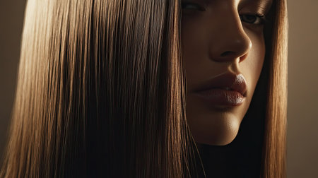 A close-up of long, straight hair with a middle part, showing a sleek and polished style, perfect for a minimalist lookの素材