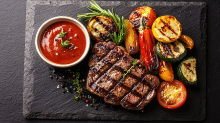 Grilled steak with roasted vegetables and a side of dipping sauce on a black slate, top viewの素材
