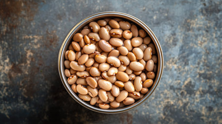 Open can of pinto beans, light brown and speckled, viewed from aboveの素材