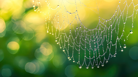 Close-up of dewdrops on a spiderweb, symbolizing the intricate connections within ecosystemsの素材