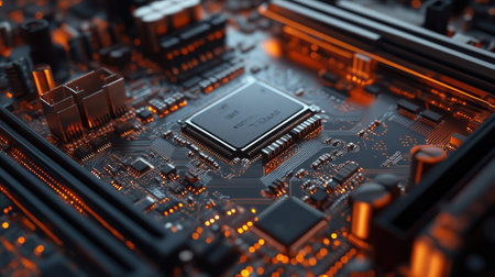 A close-up of a computer motherboard with installed components, highlighting the intricate circuitry.の素材