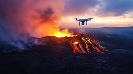 Drone capturing aerial images of a volcanic eruption, showcasing the power of nature and scientific observationの素材