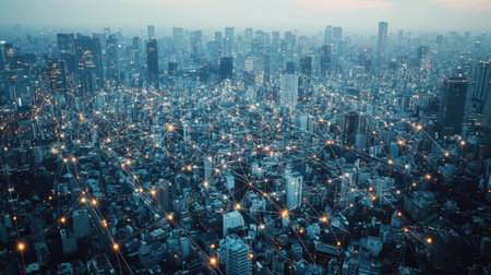 A digital network overlay on a cityscape, symbolizing the interconnectedness of the modern worldの素材