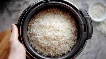 A top view of a rice cooker full of freshly steamed jasmine riceの素材