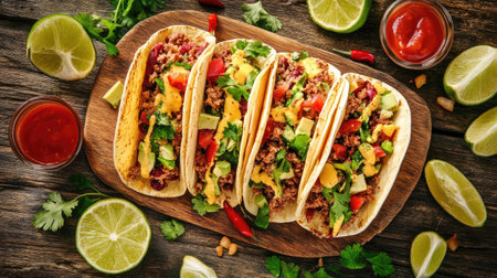 Mexican taco spread with various fillings, sauces, and lime wedges on a wooden table, top viewの素材