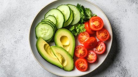 Sliced avocados, cherry tomatoes, and cucumbers arranged on a white plate, top viewの素材
