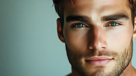 Handsome man's face with chiseled features, clear skin, and a calm, thoughtful expressionの素材