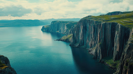 A scenic overlook of a fjord with steep cliffs and calm, deep blue water stretching out belowの素材